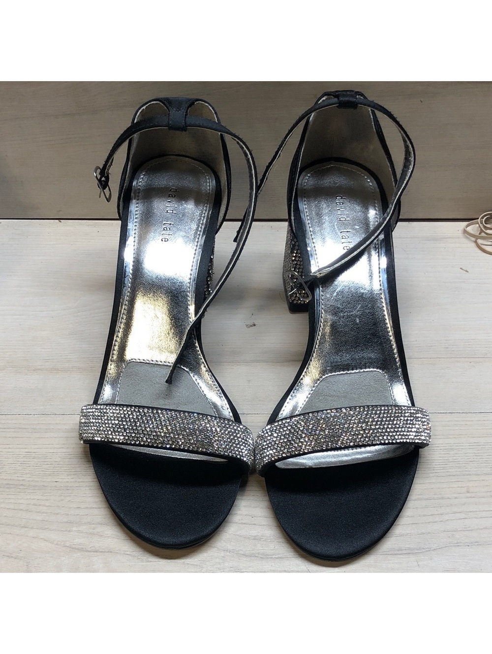 David Tate Black Heels with Silver Beaded Straps #1551